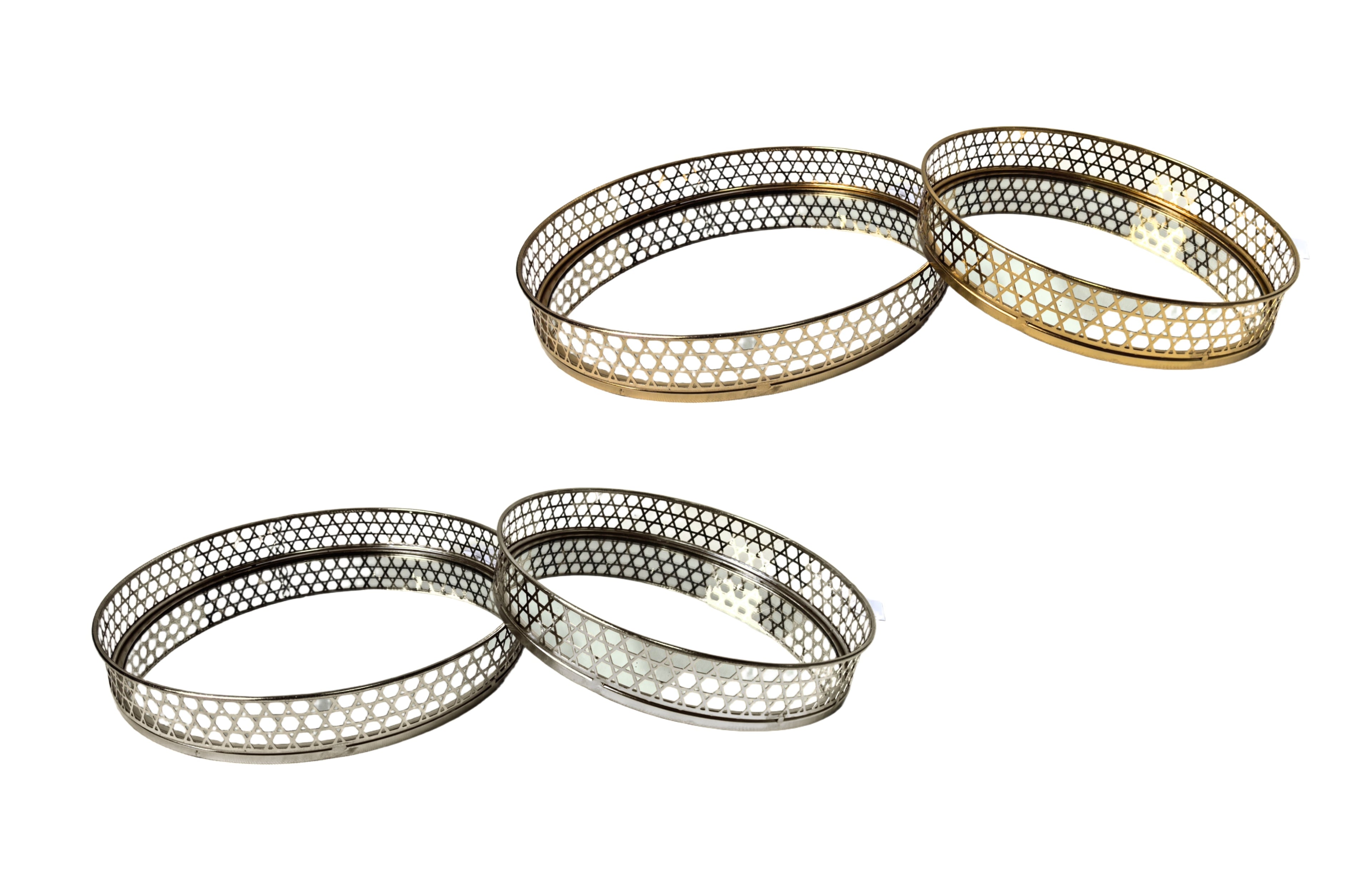 Stylish Nina round tray sets in gold and silver finishes with mirrored bases and lattice design.