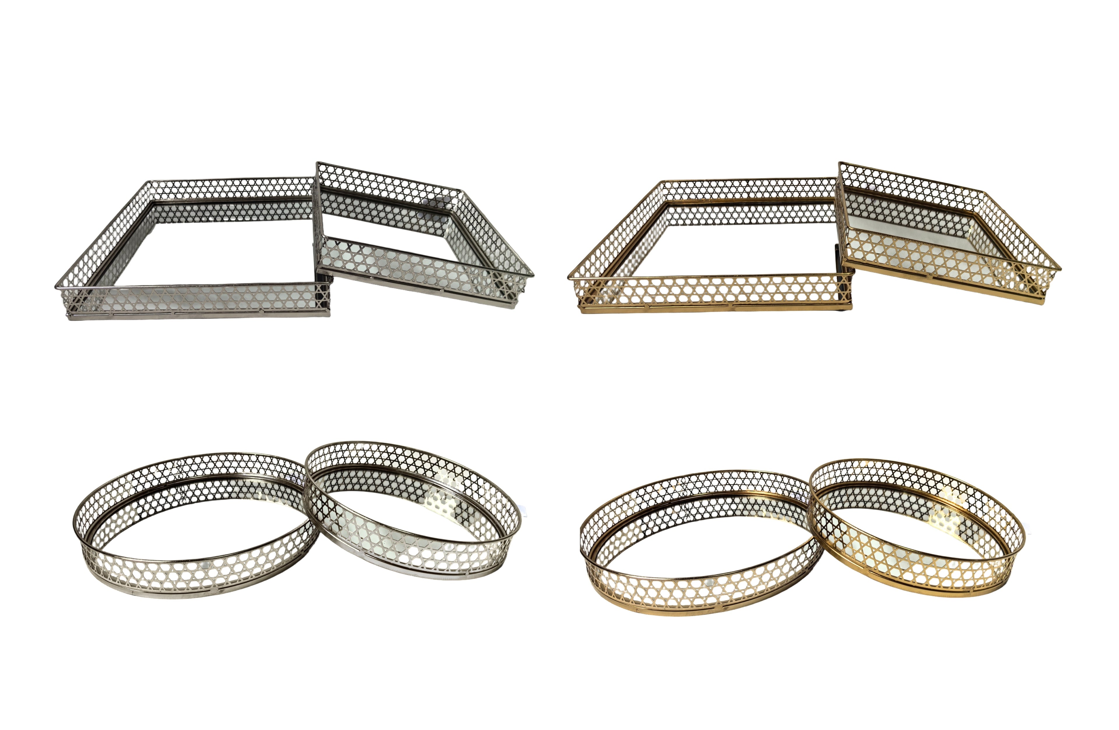 Elegant Nina tray sets in round and rectangle designs, available in gold and silver finishes.