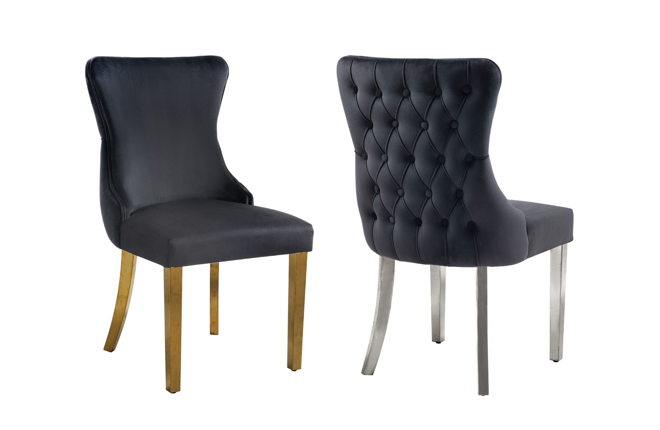 Black velvet Paris chairs, one with gold legs and one with silver, tufted back.