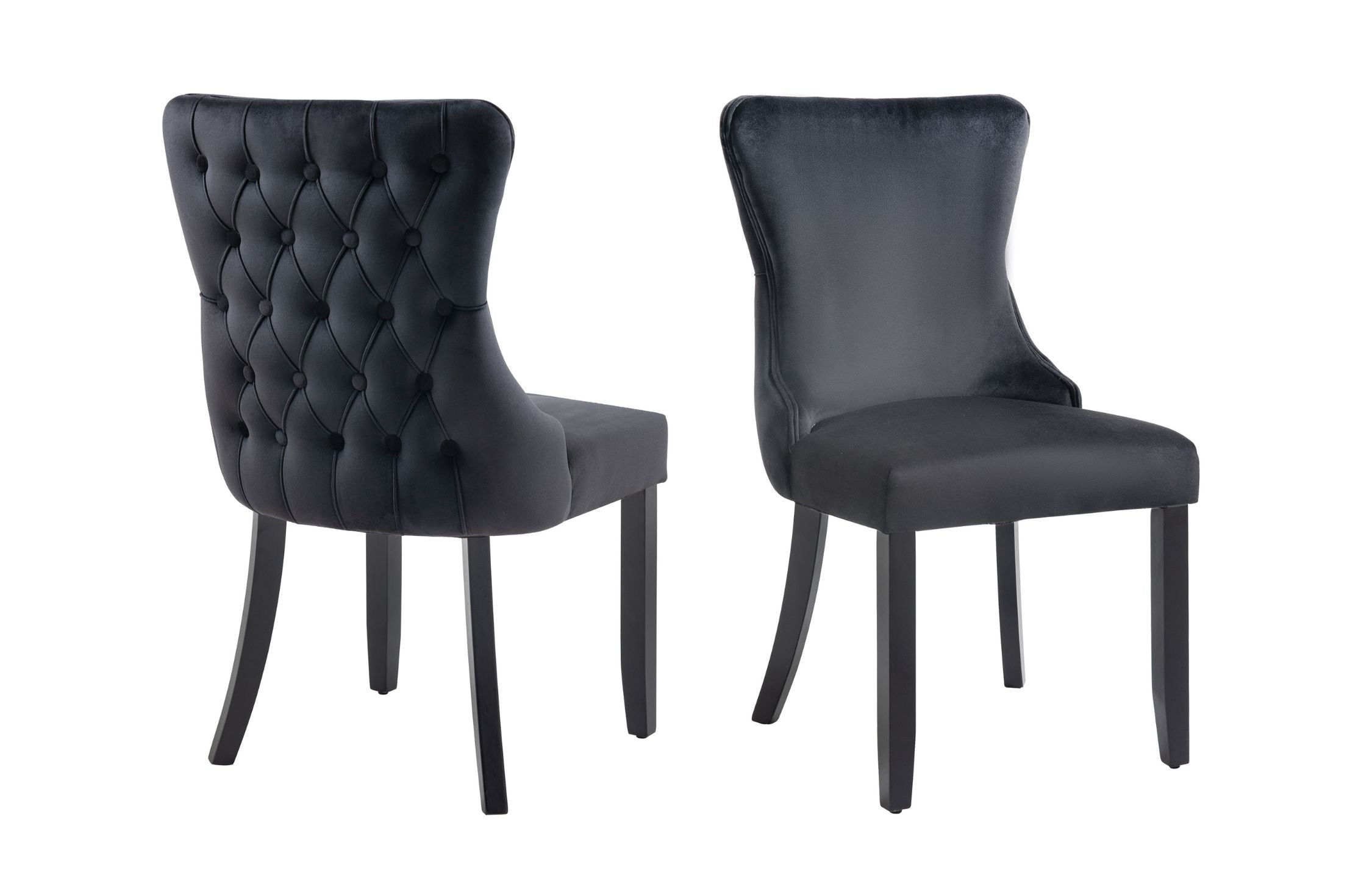 Black velvet Paris dining chairs with tufted backrest and sturdy rubberwood legs.