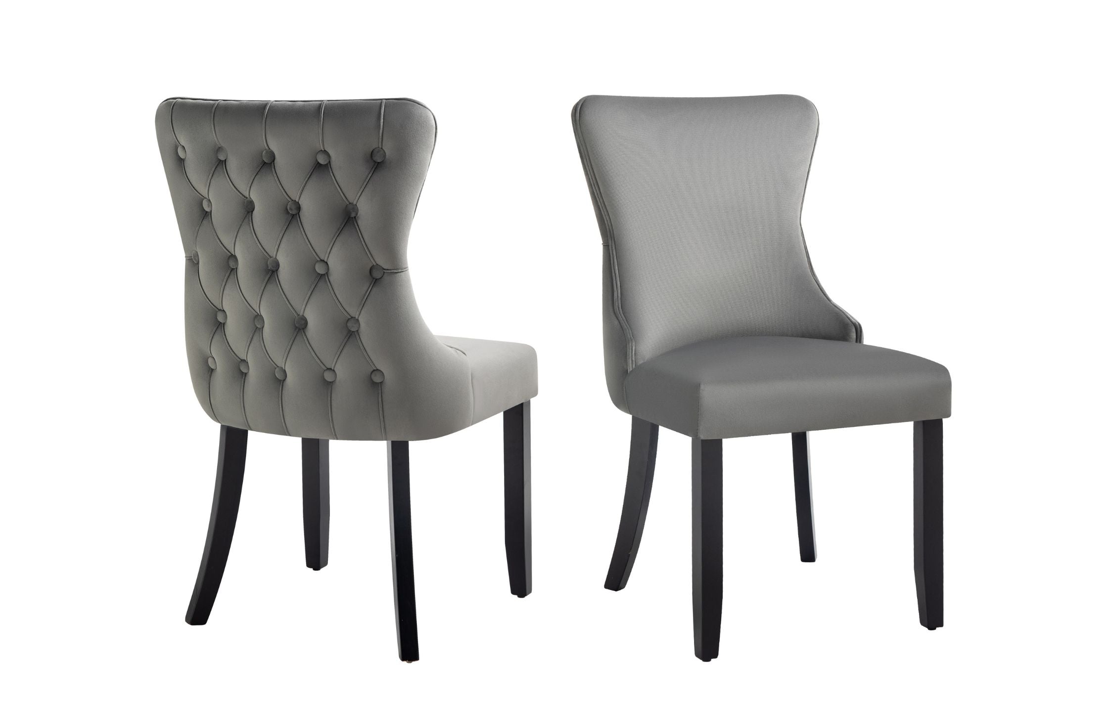 Grey velvet Paris dining chairs with tufted back and elegant rubberwood frame.