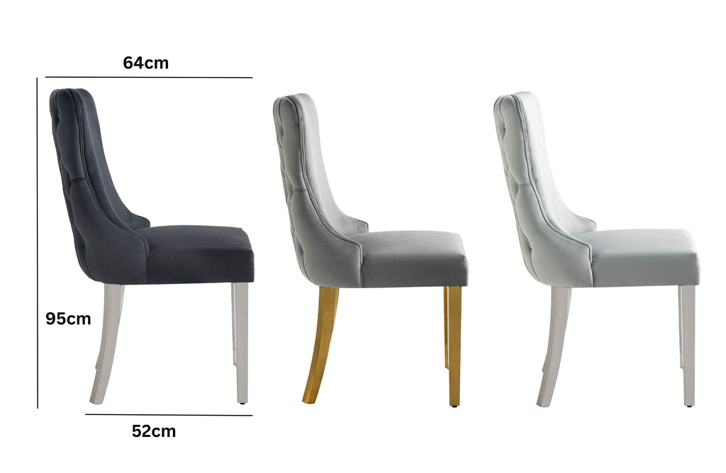 Side views showing Paris chair dimensions 95cm x 64cm x 52cm across three colours.