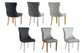 Paris velvet dining chairs in black and grey, tufted backs, gold or silver legs.