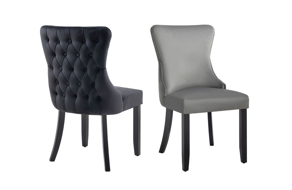 Paris dining chairs in black and grey velvet with tufted back and rubberwood legs.