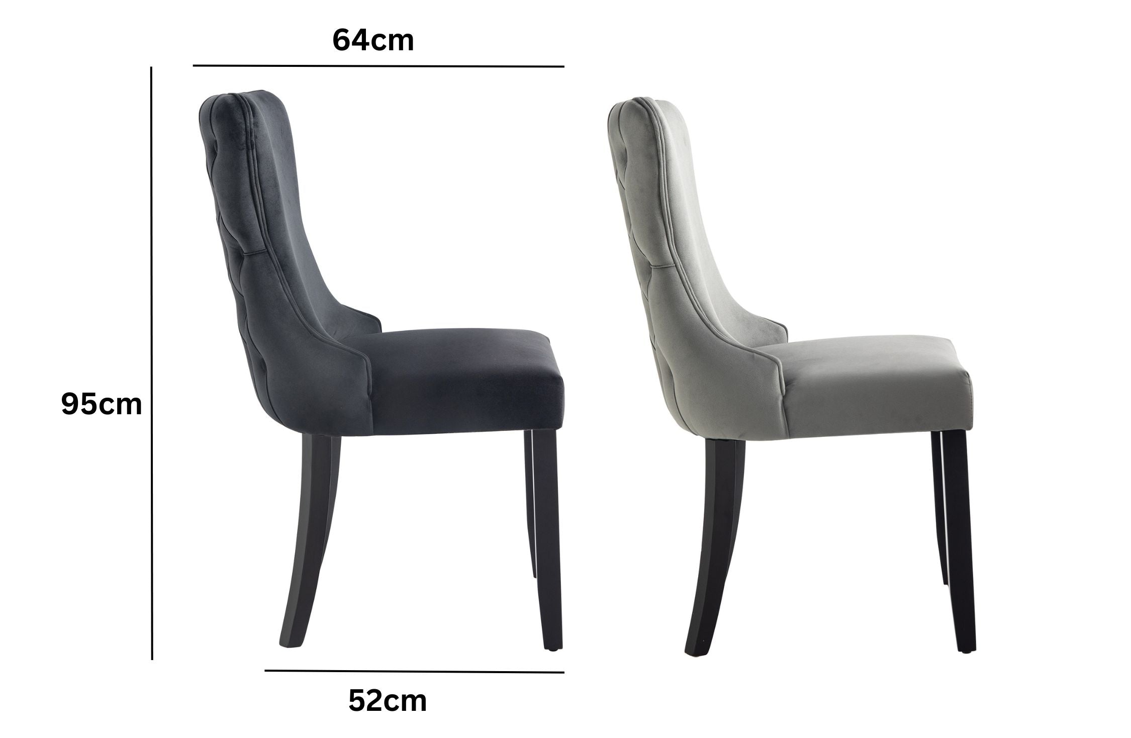 Paris velvet dining chair with rubberwood legs showing 95cm height and 64cm depth.