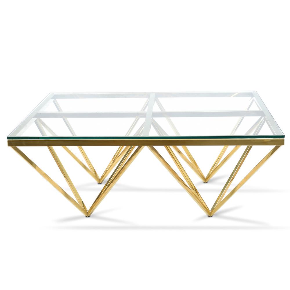 Luxurious pyramid coffee table with gold polished steel frame and clear glass top