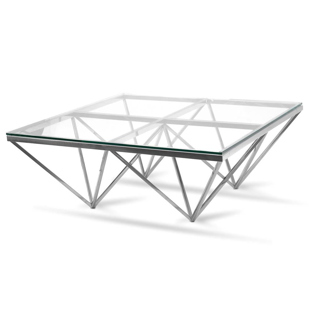 Modern pyramid coffee table with silver polished steel frame and clear glass top