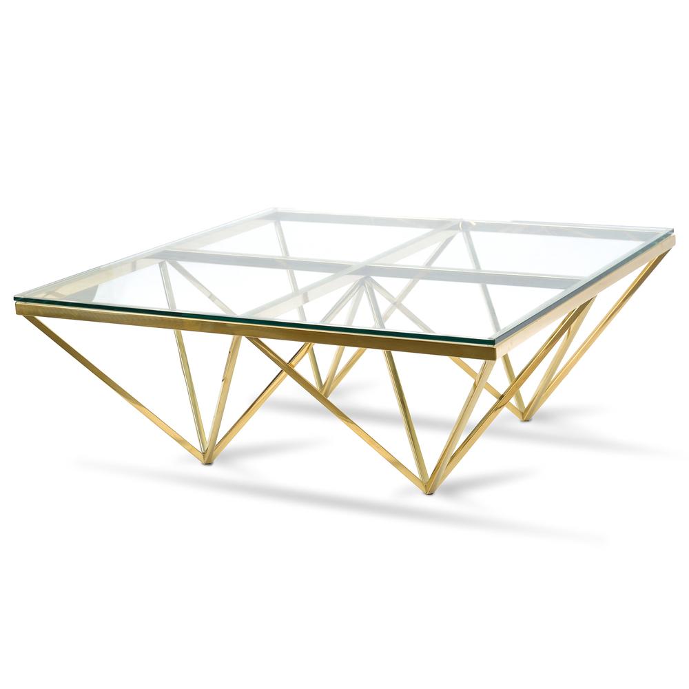 Pyramid gold polished steel coffee table with clear glass top contemporary style