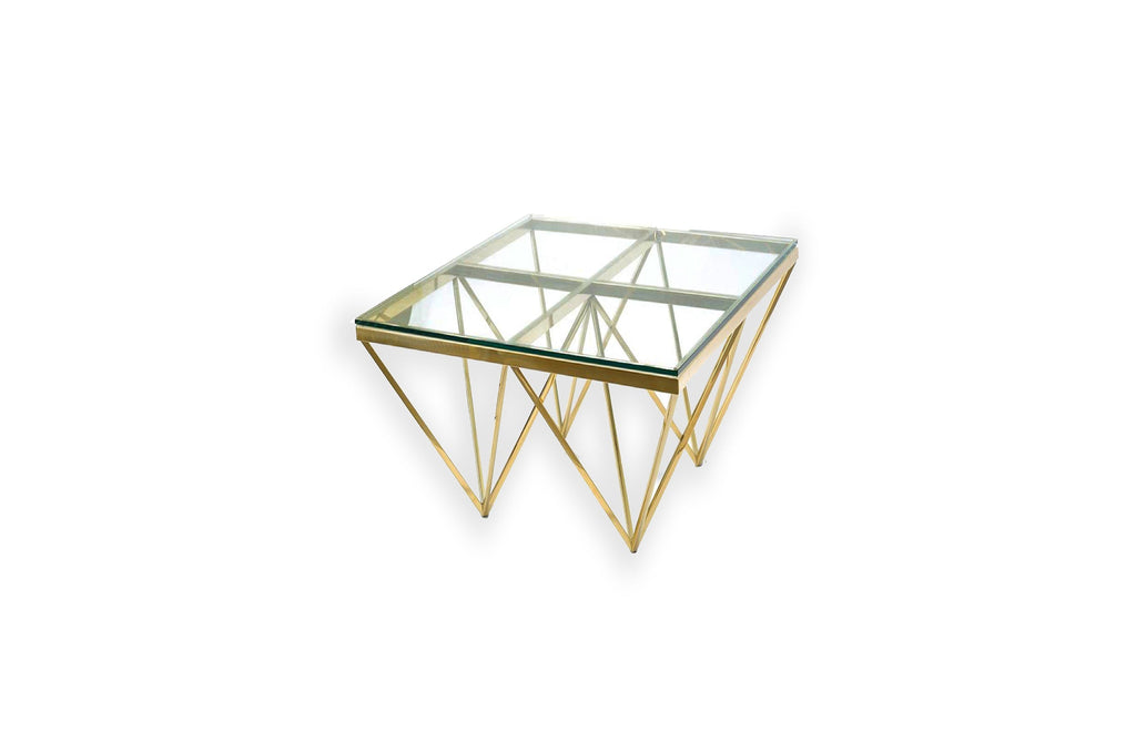 Pyramid gold polished steel side table with clear glass top geometric legs