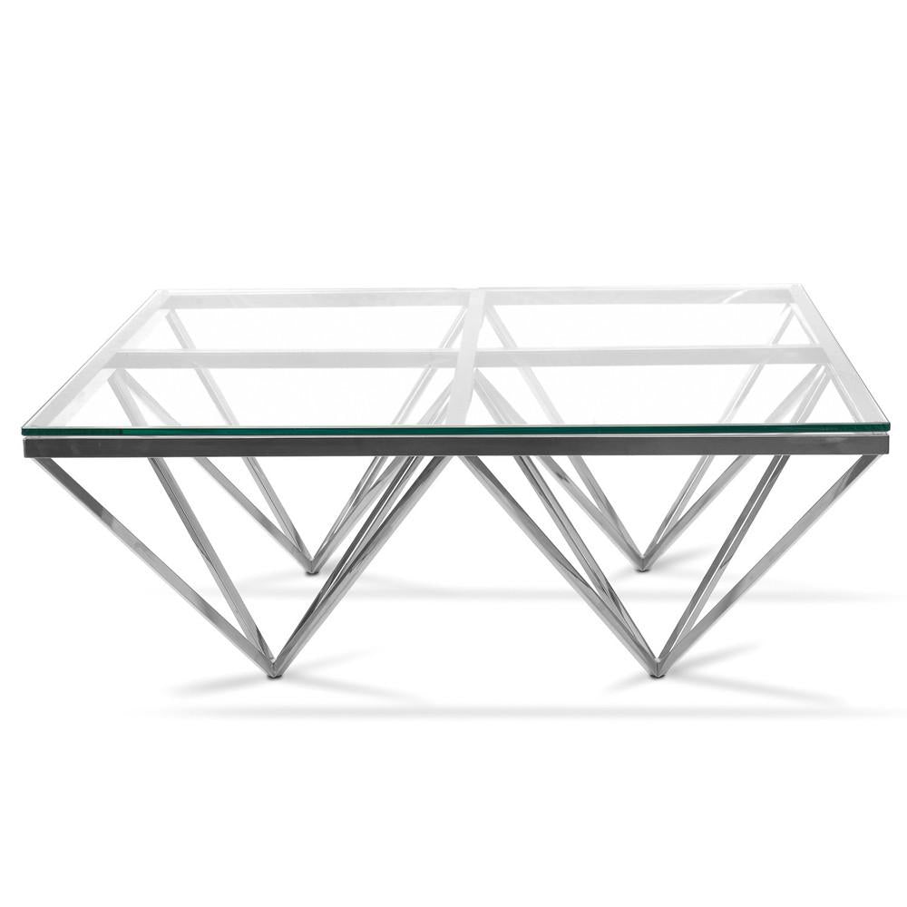 Pyramid silver polished steel coffee table with clear glass top modern design