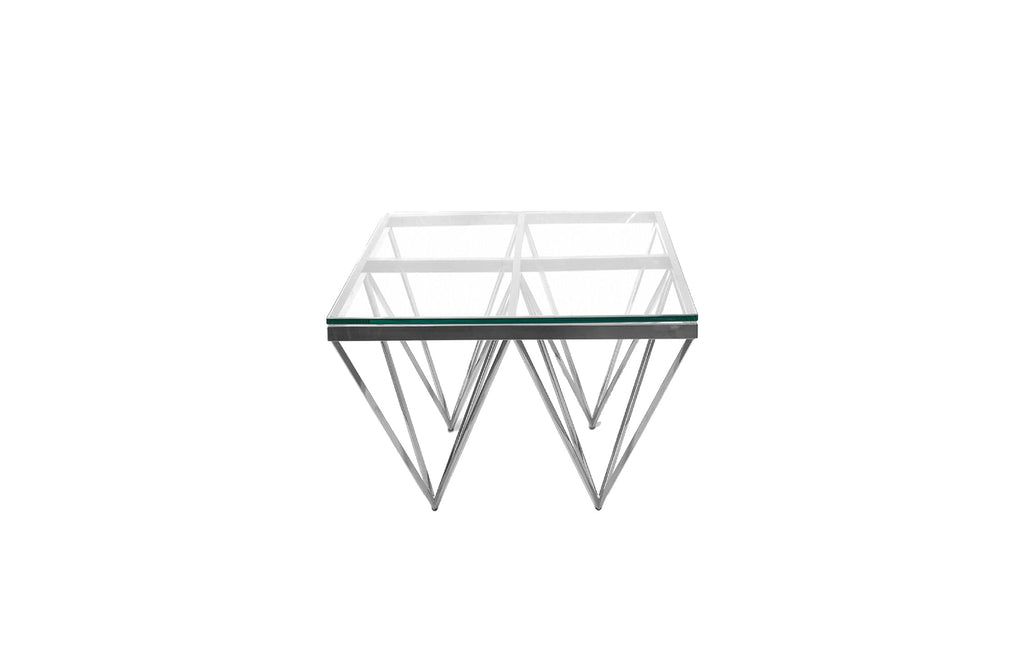 Pyramid silver polished steel side table with clear glass top geometric frame