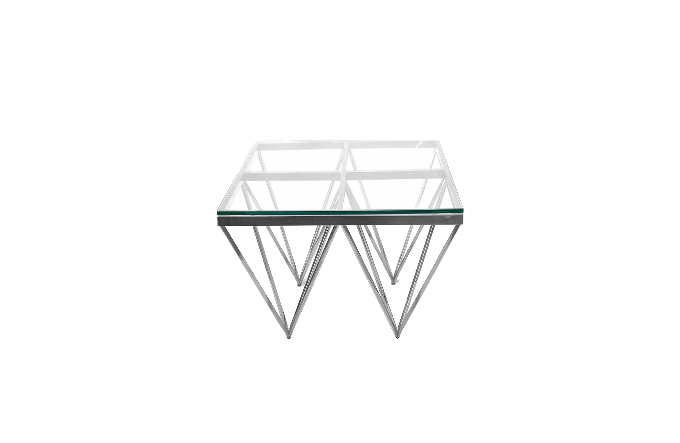 Pyramid silver polished steel side table with clear glass top geometric frame