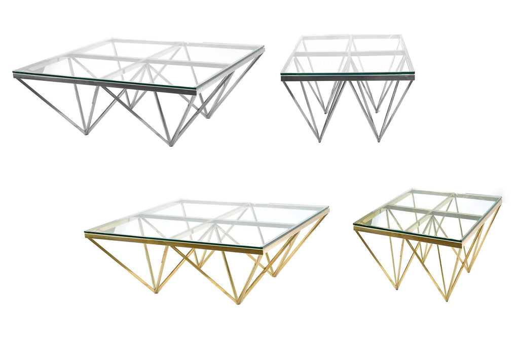 Pyramid coffee and side table collection with gold or silver polished steel frame and glass tops