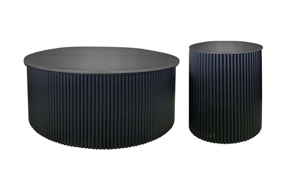 Black ripple coffee table and side table pair with ribbed base and dark top