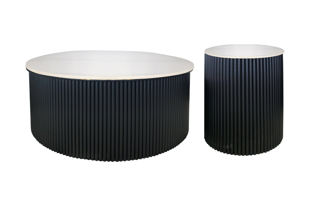 Ripple coffee and side table with black ribbed base and white marble top