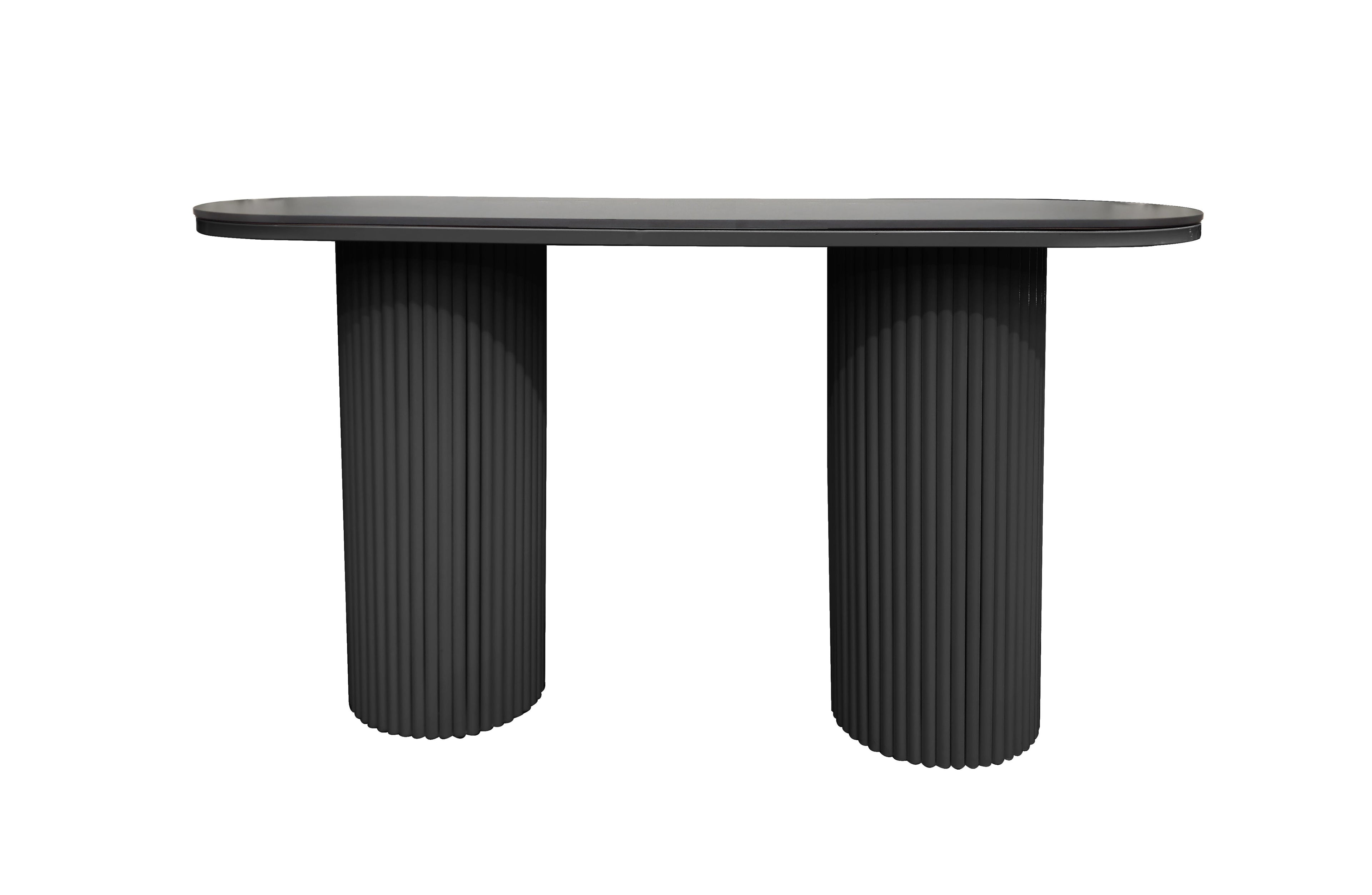 Ripple console table with black marble top and black fluted legs.