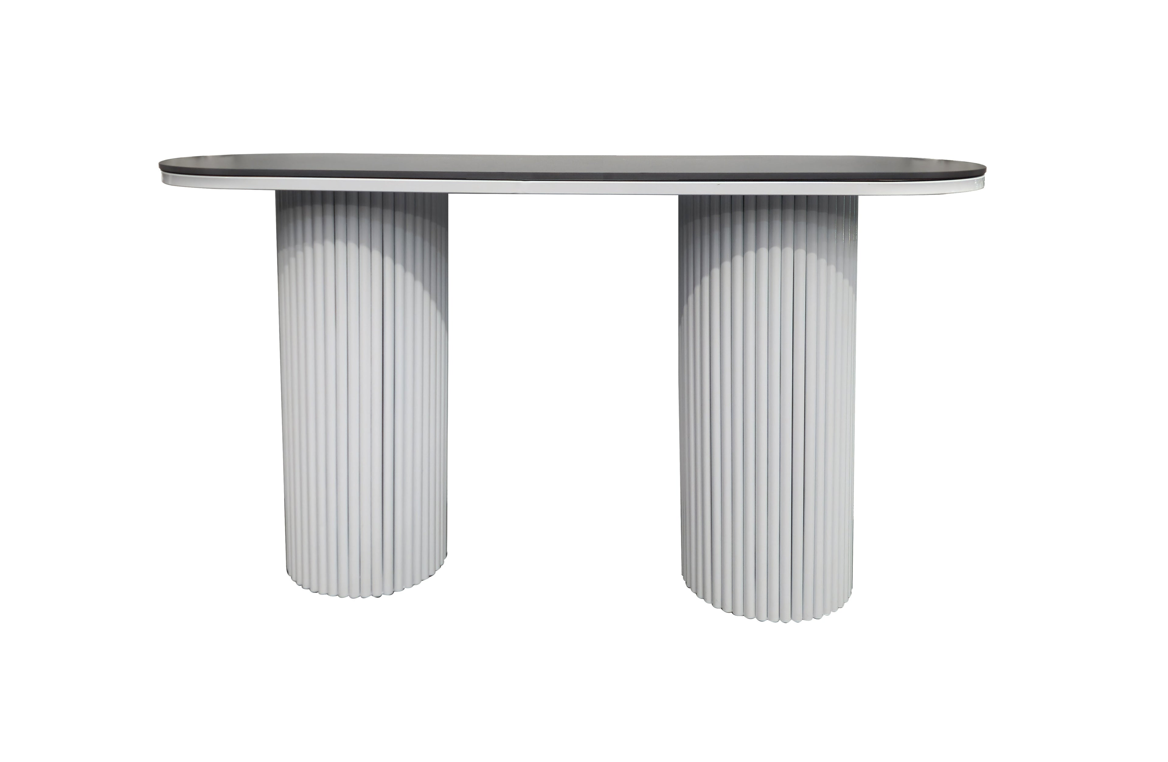 Ripple console table with black sintered stone marble top and white fluted legs.