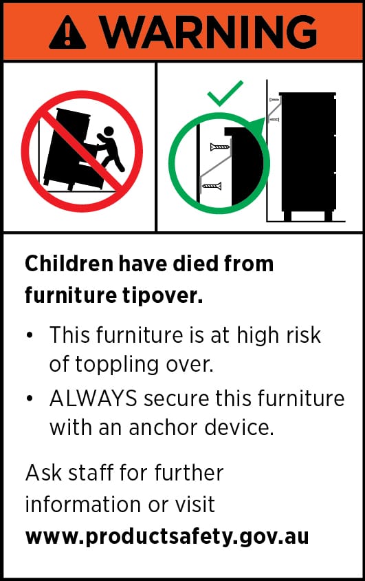 Furniture safety tip-over warning label for console table anchoring.