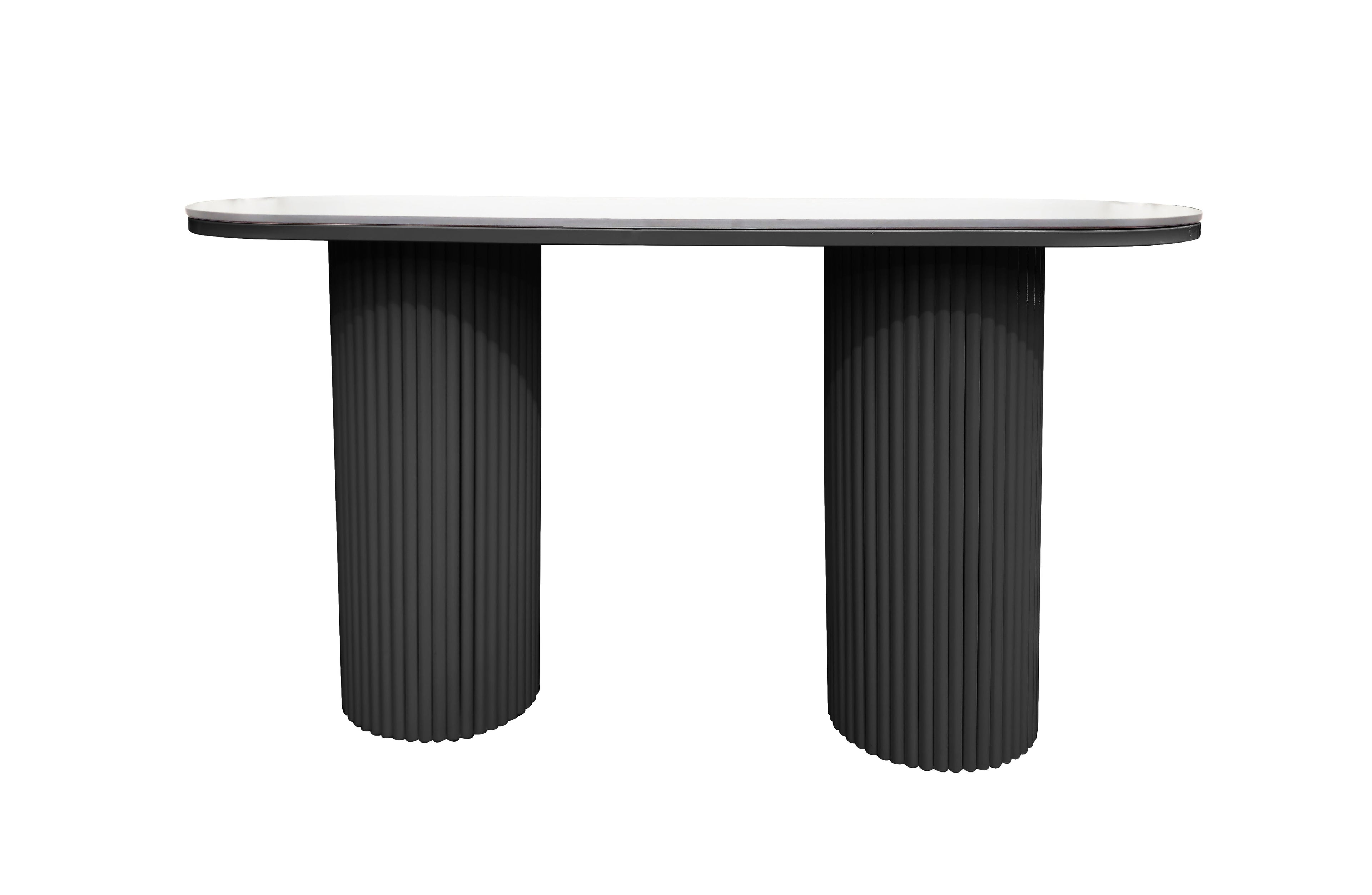 Ripple console table with white marble top and black fluted legs.