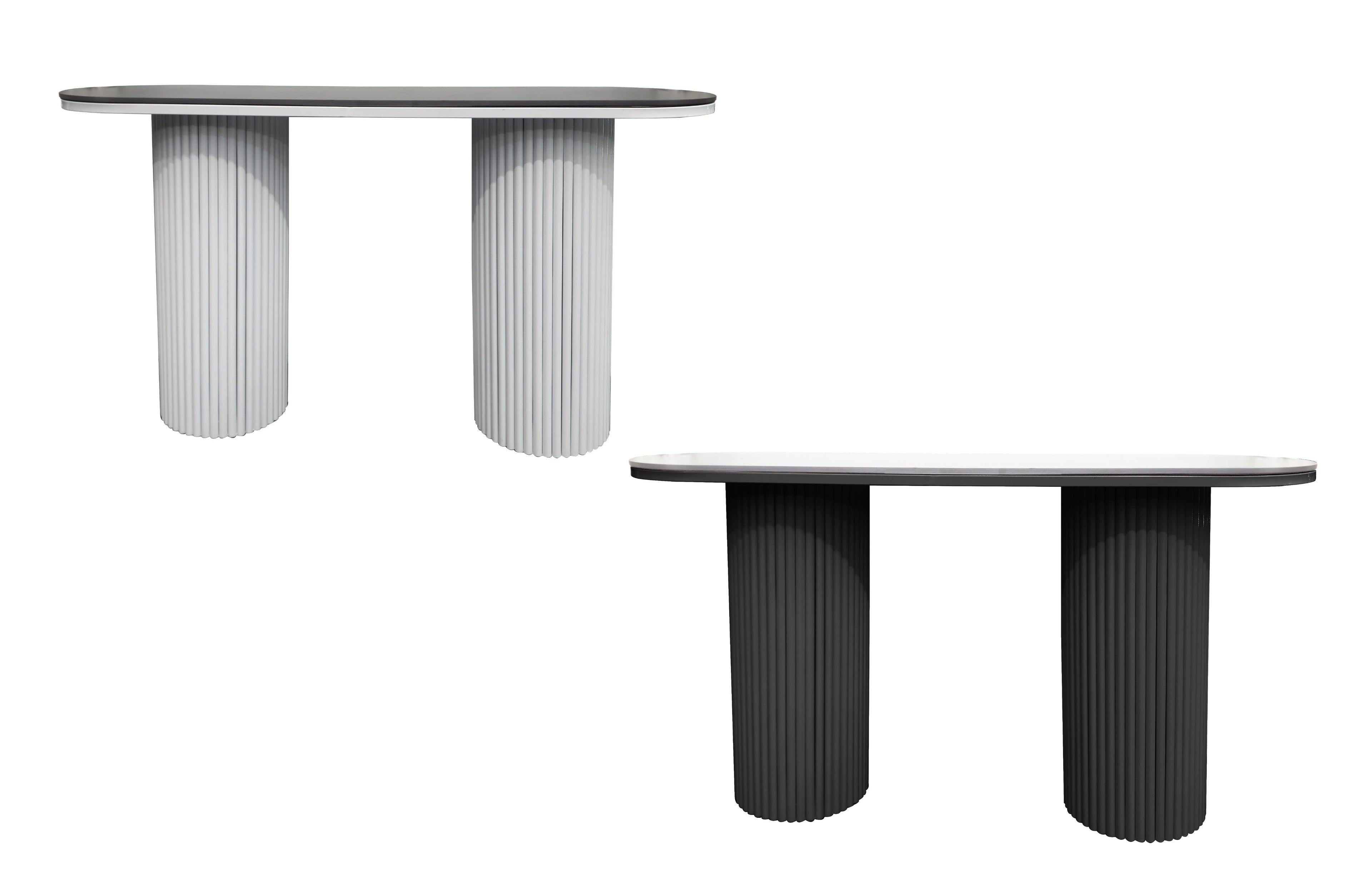 Ripple console table in matte white and black with white sintered stone marble top.