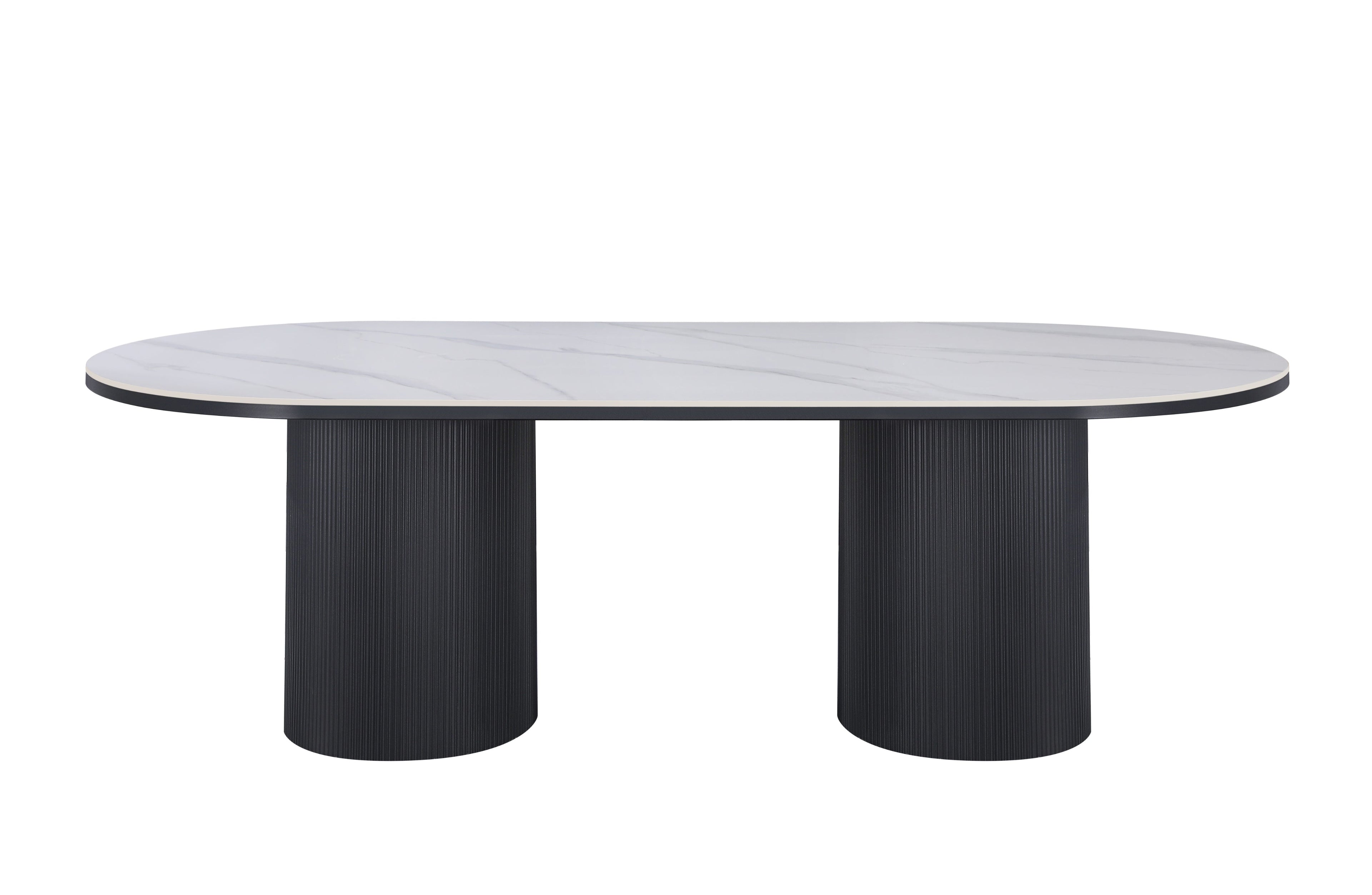 Ripple Oval Dining Table with white marble top and black base in modern style.