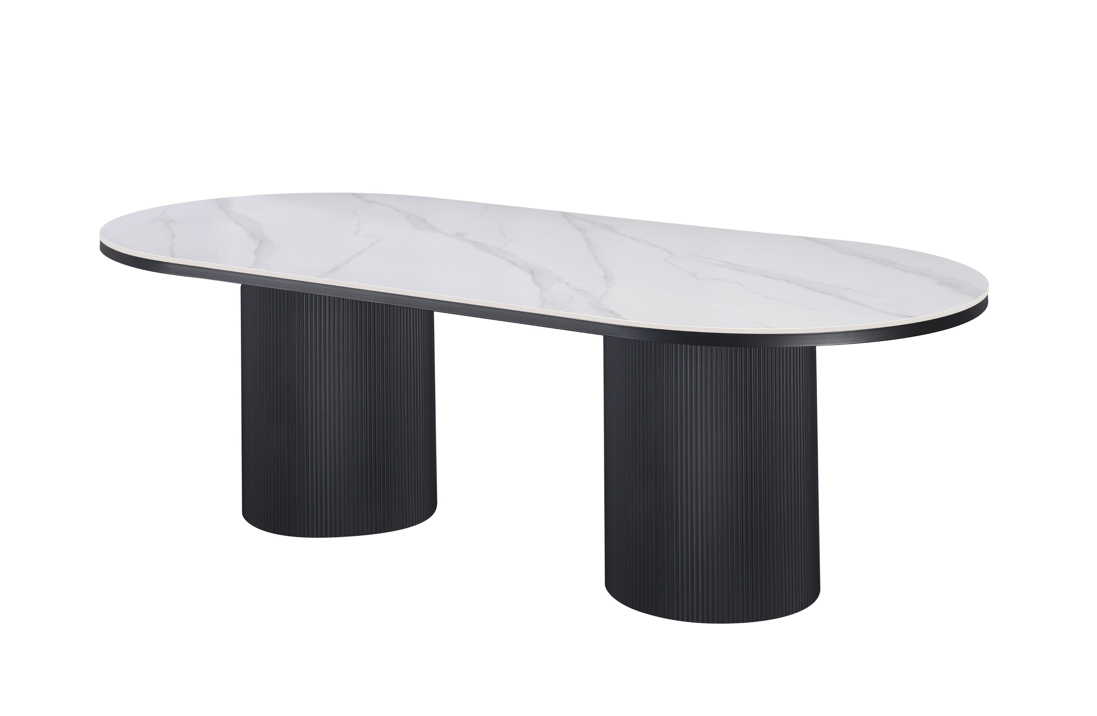 Ripple Oval Dining Table angled view with elegant white marble top and black legs.