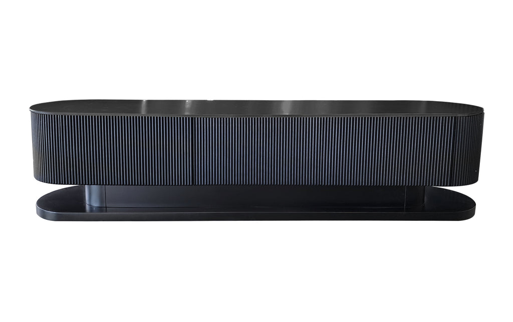 Modern matte black TV unit with ripple textured design and stone top