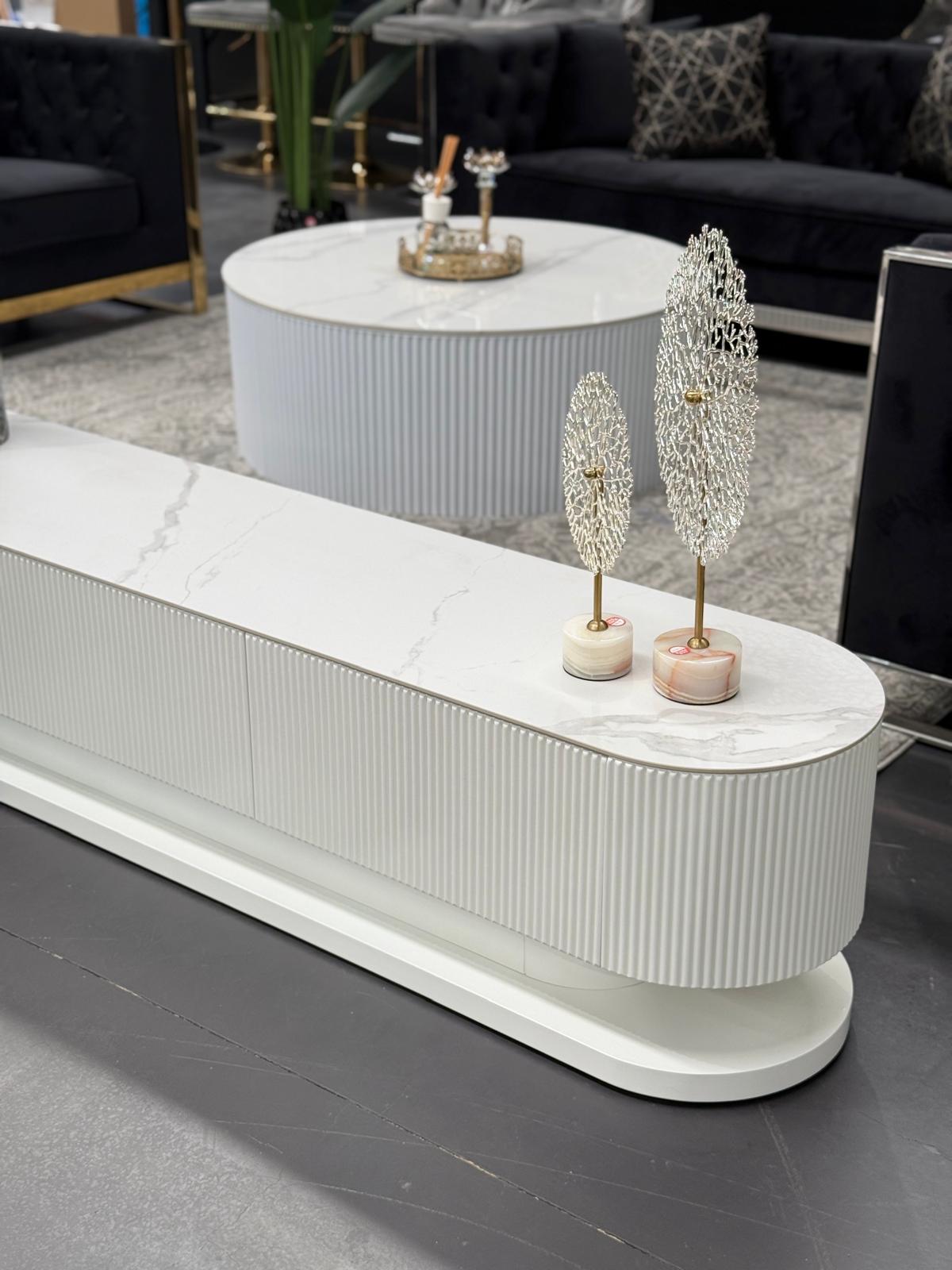 White ripple TV cabinet with smooth stone top and textured front panels