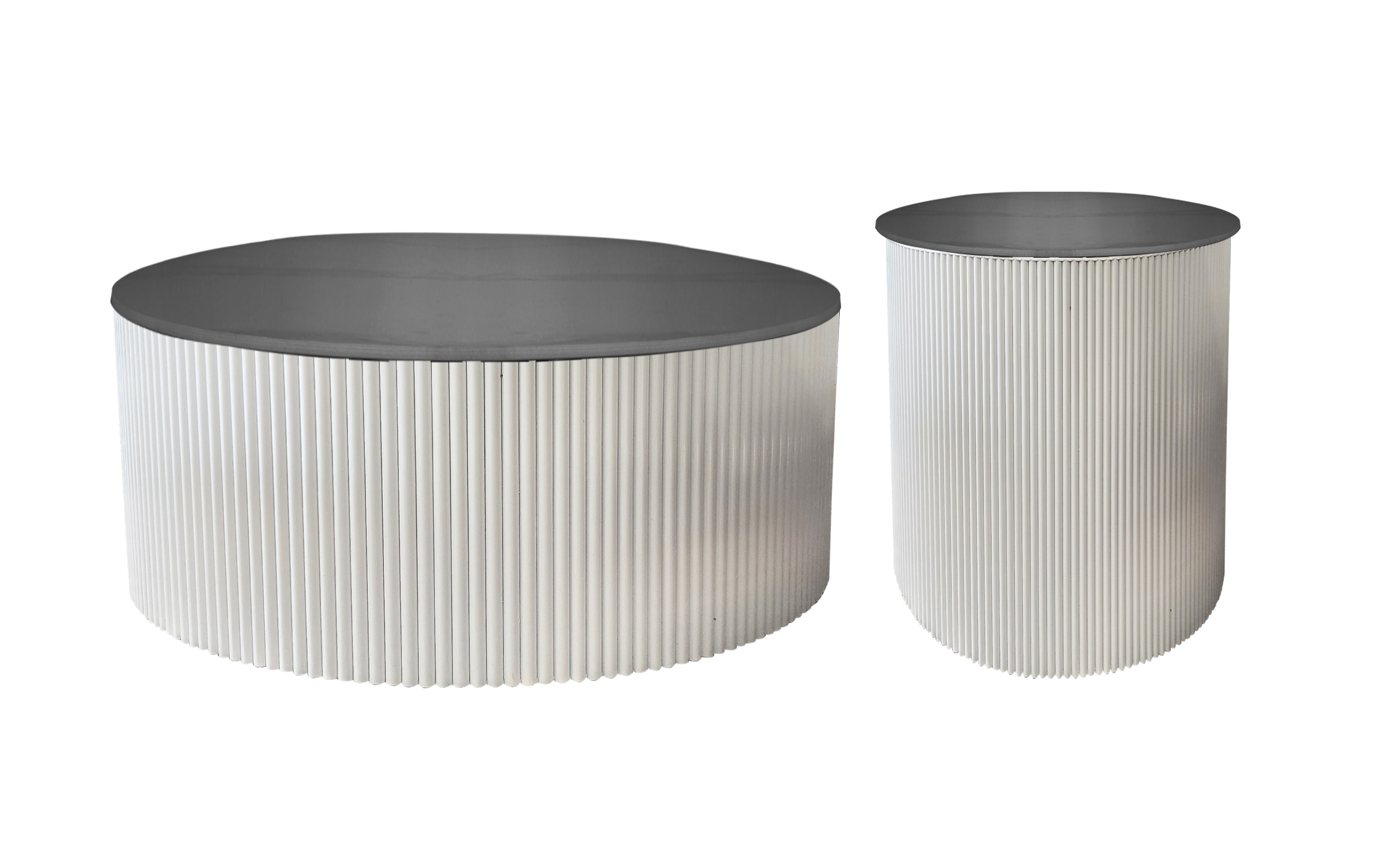Ripple coffee and side table with white ribbed base and black marble top