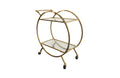 Shiny gold Roman glass trolley with two-tier clear glass shelves.