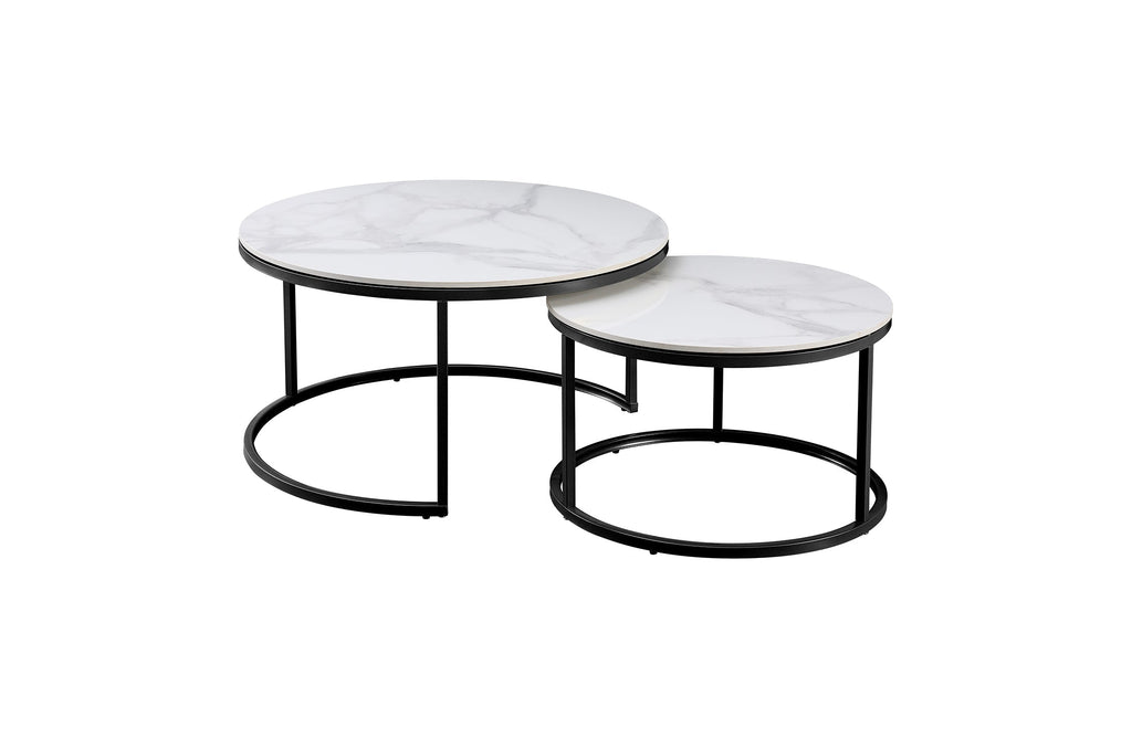 Romana nesting coffee table large set with black metal frame and white marble tops.