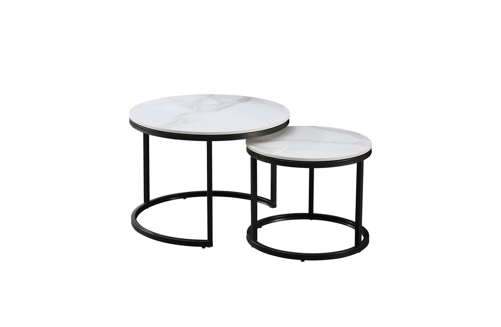 Romana nesting coffee table small set in black frame with white marble stone tops.