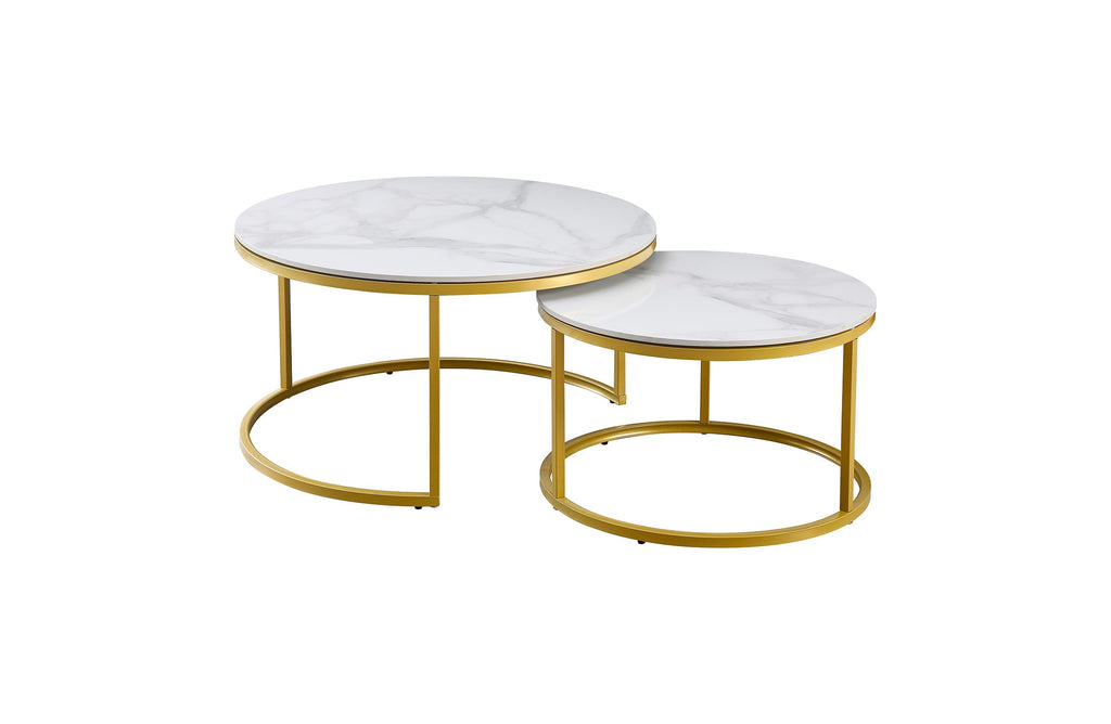 Romana nesting coffee table large set in polished gold frame with marble stone tops.