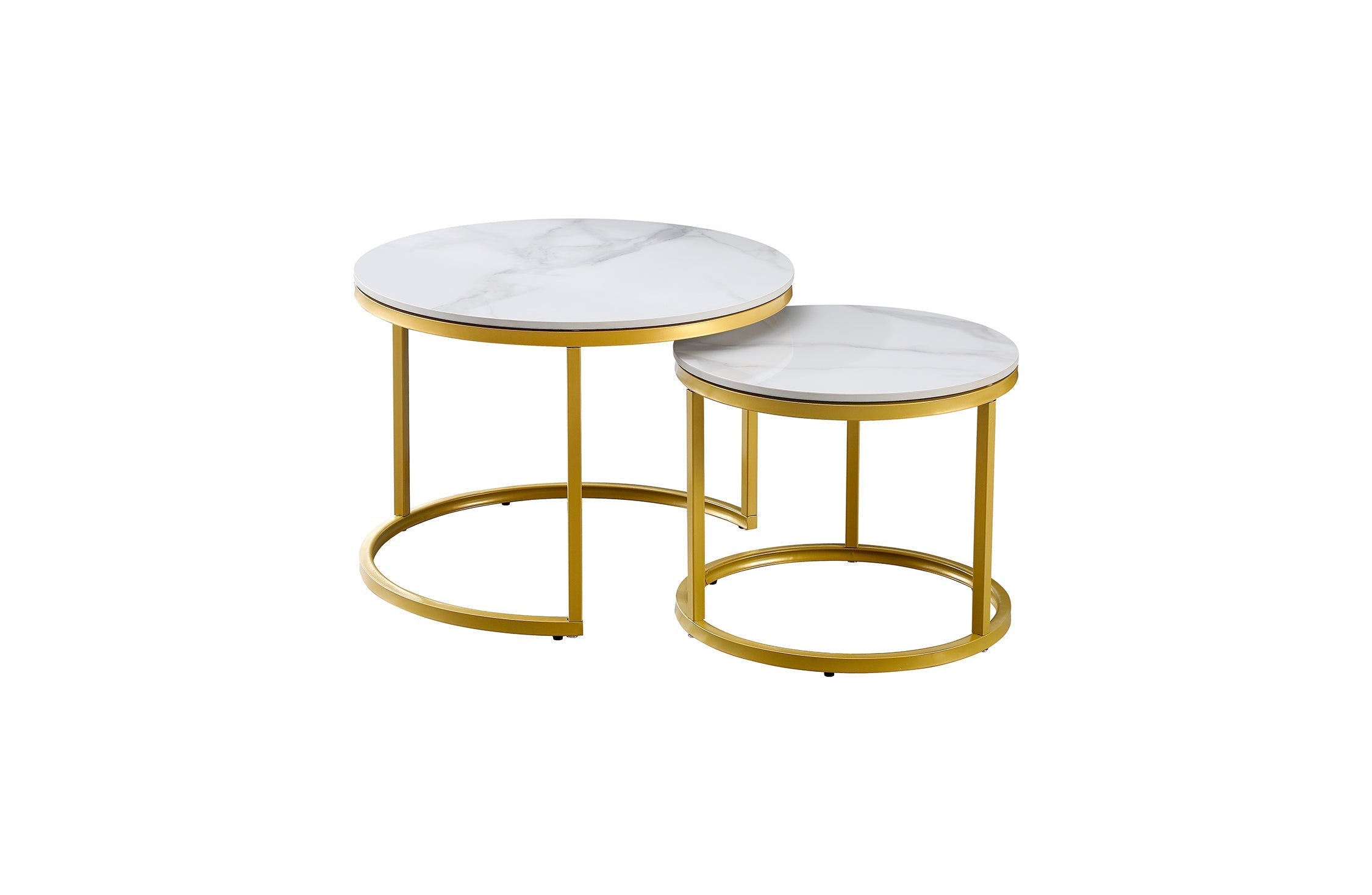 Romana nesting coffee table small set with gold polished frame and marble finish tops.