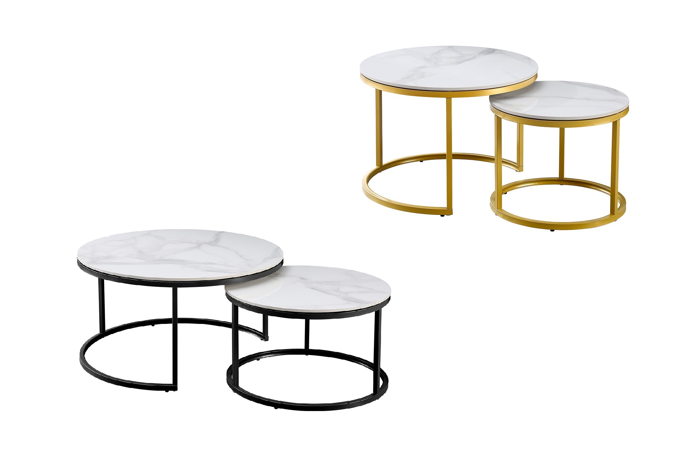 Romana nesting coffee table sets with gold and black metal frames and marble tops.