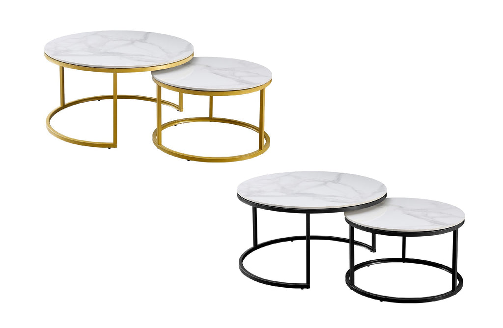 Romana nesting coffee table collection in gold and black frames with marble finish tops.