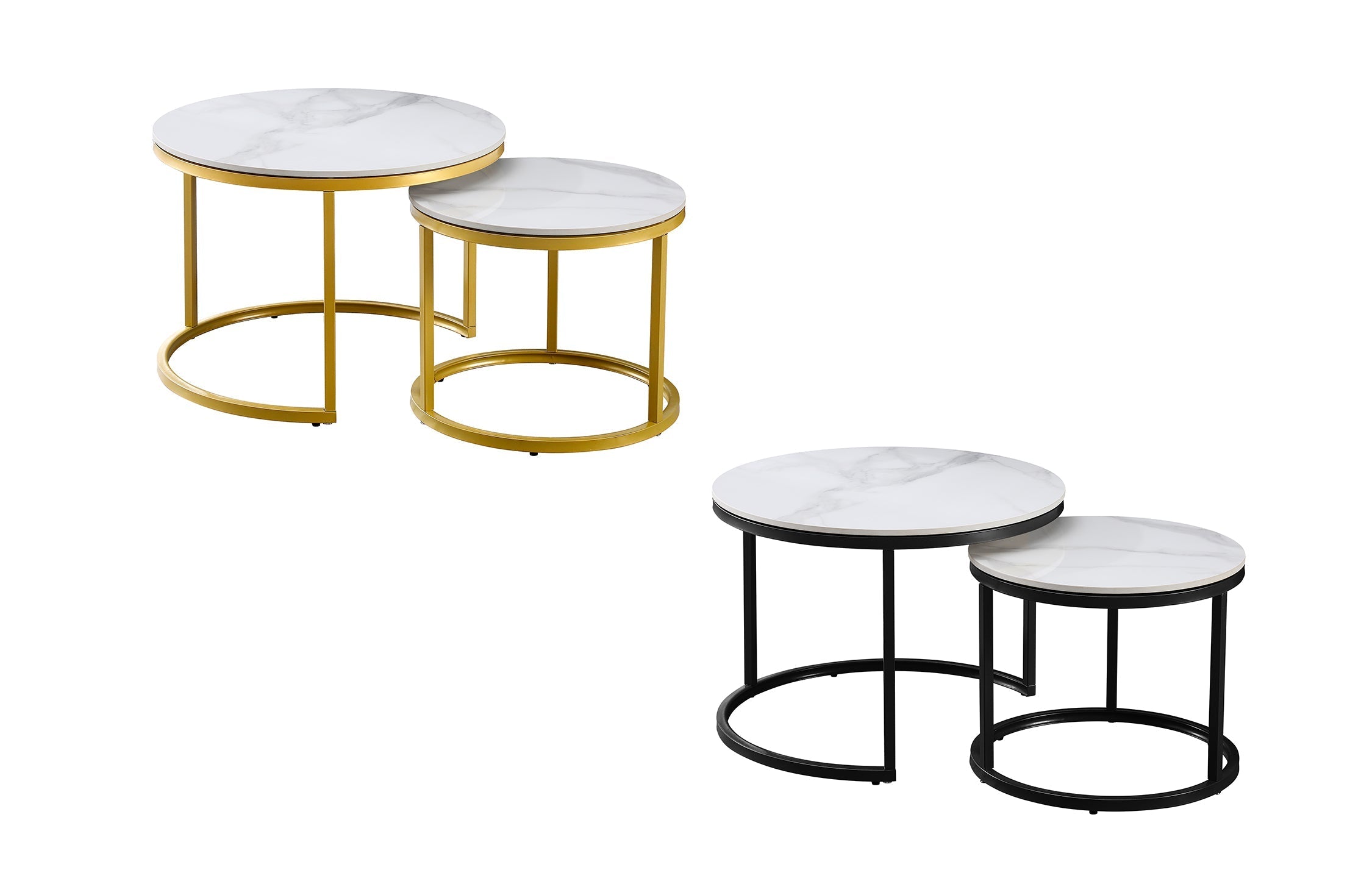 Romana nesting coffee tables featuring black and gold frames with white marble tops.
