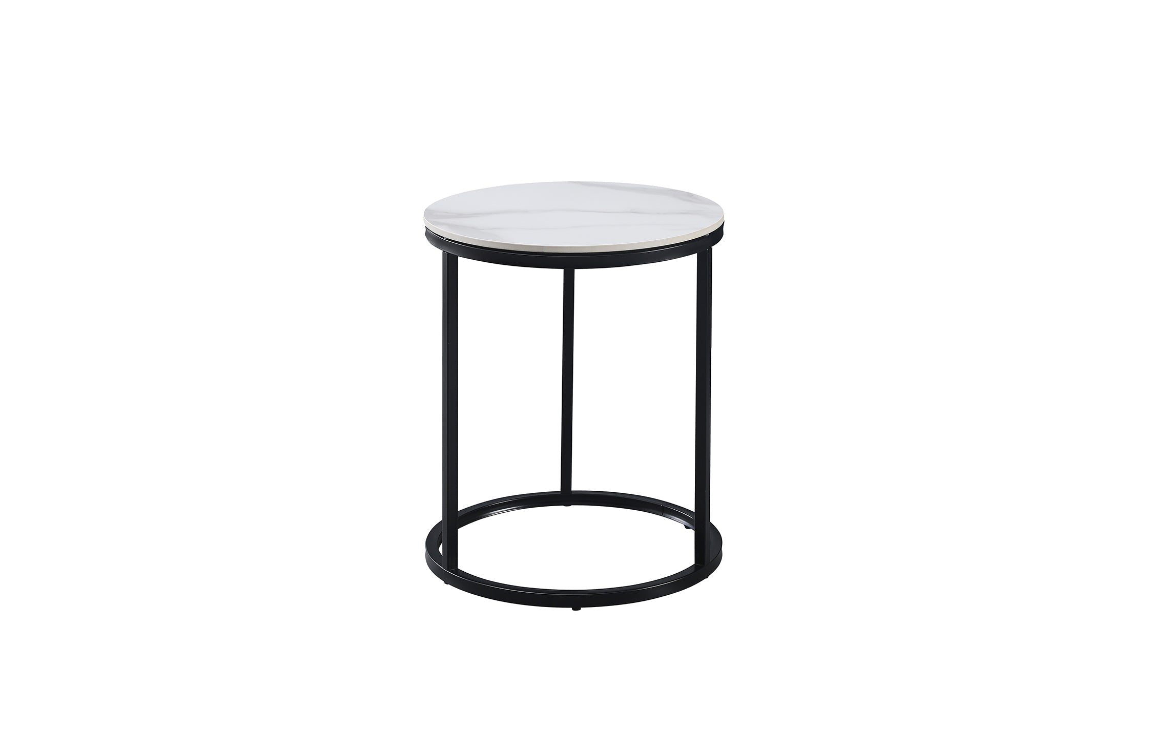 Romana Side Table with sleek black metal frame and white marble top – contemporary design.