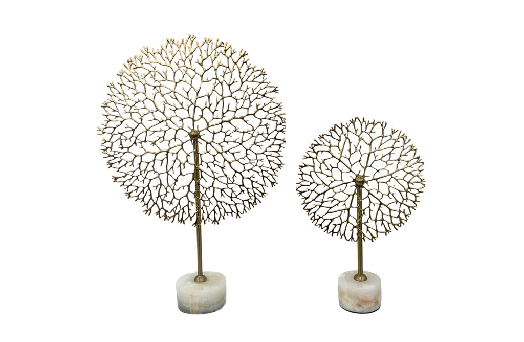 Elegant gold round flower stem table décor with marble bases in large and small sizes.