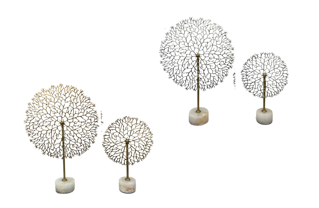 Gold and silver round flower stem décor set with marble bases in two sizes – small and large.