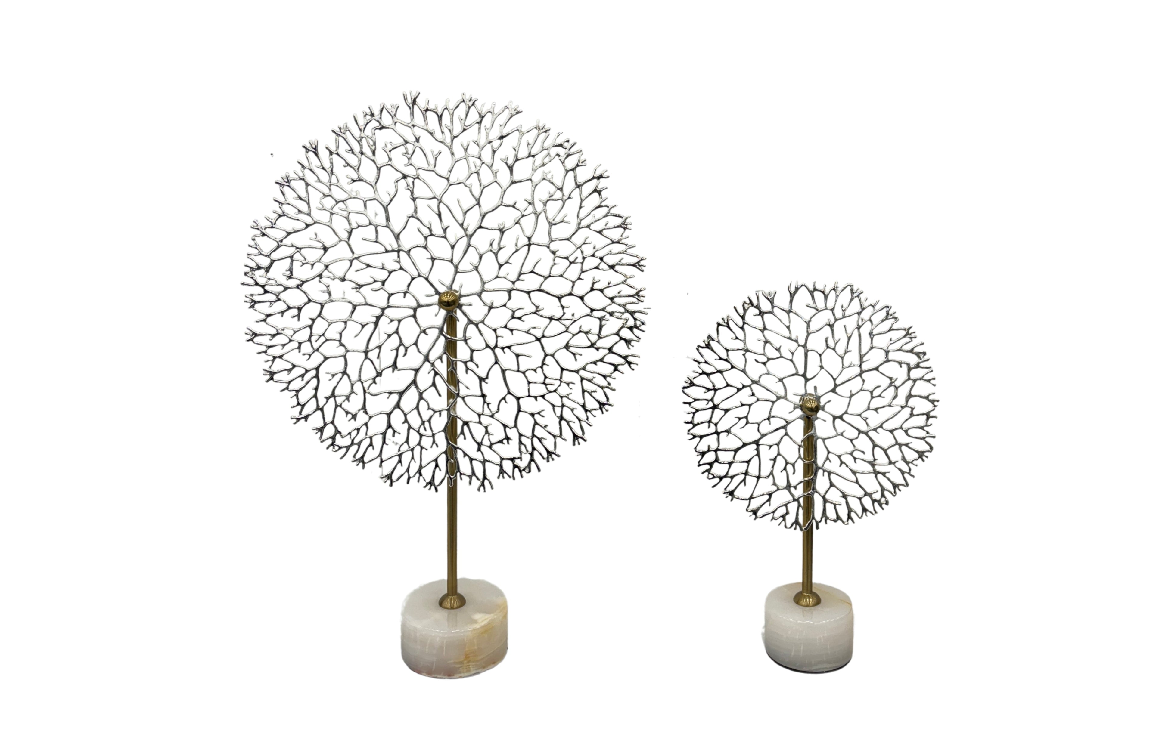 Sophisticated silver round flower stem table décor with marble bases in large and small sizes.