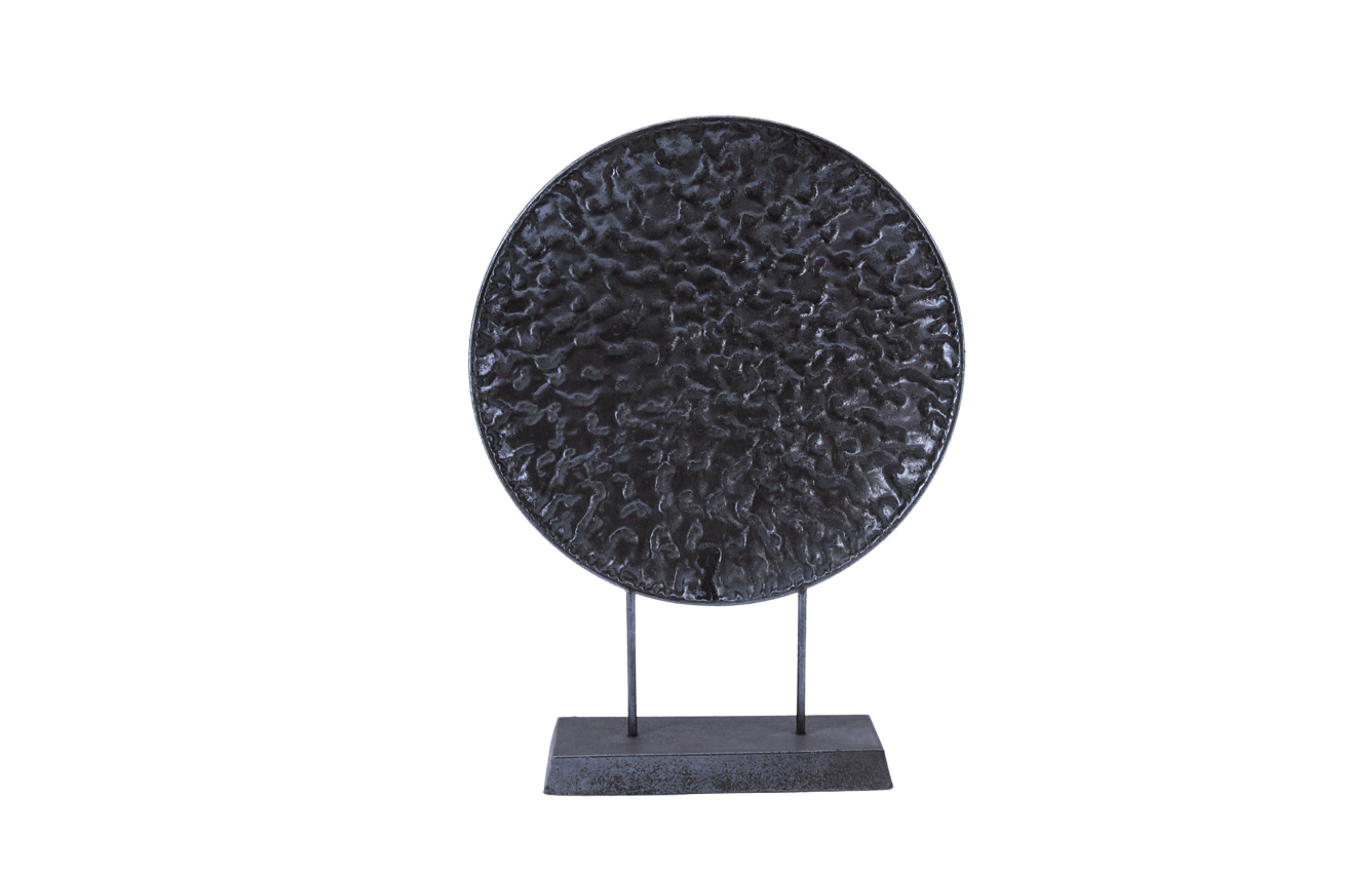 Sleek black round pressed table décor with textured surface for contemporary styling.