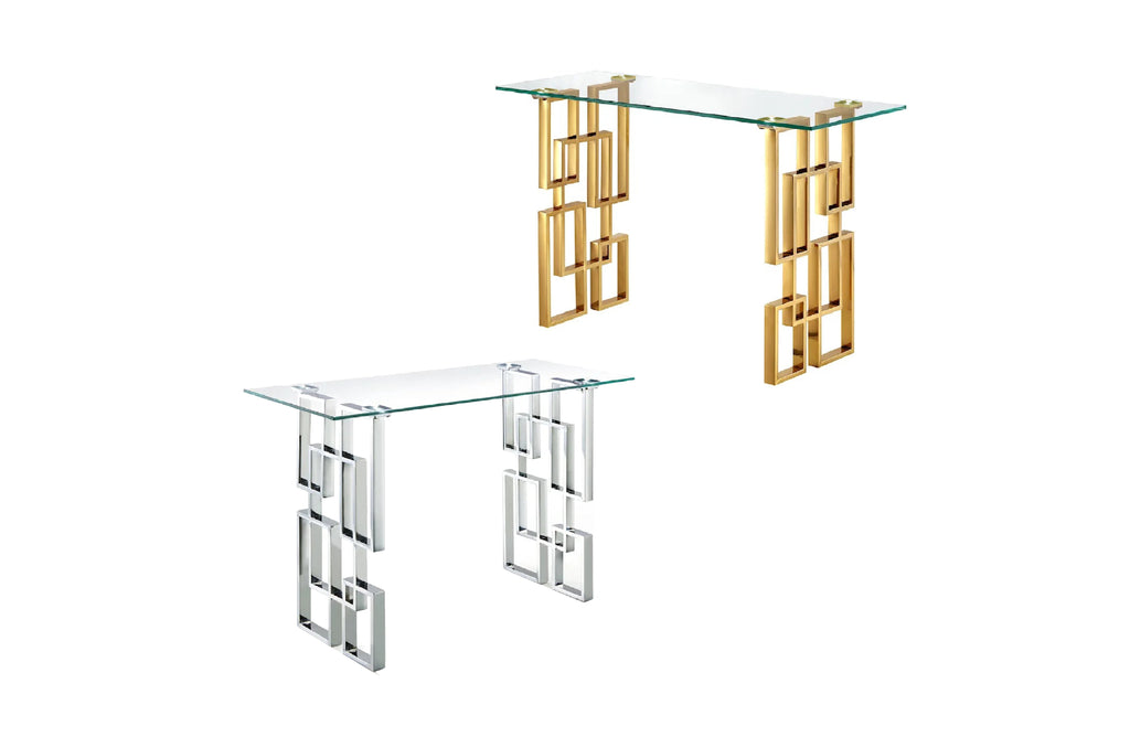 Royale console table with gold and silver frame and clear tempered glass top.