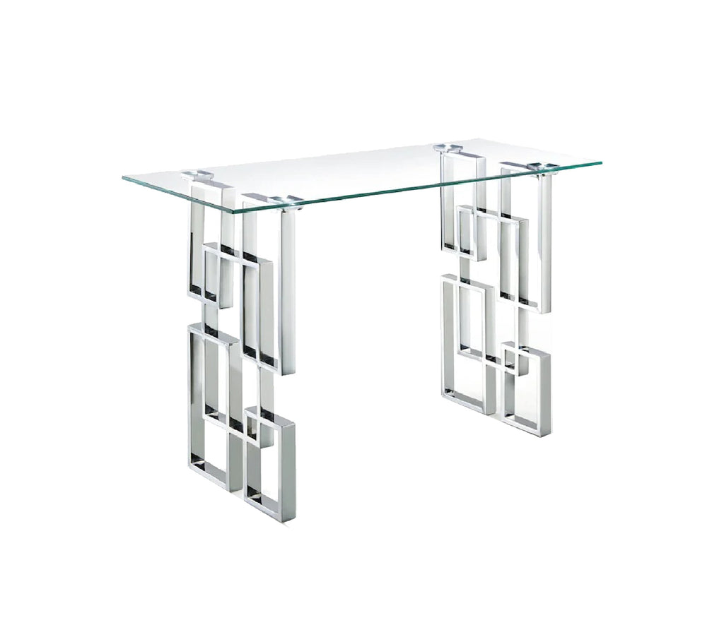 Royale console table with silver frame and clear tempered glass top.
