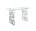 Royale console table with silver frame and clear tempered glass top.