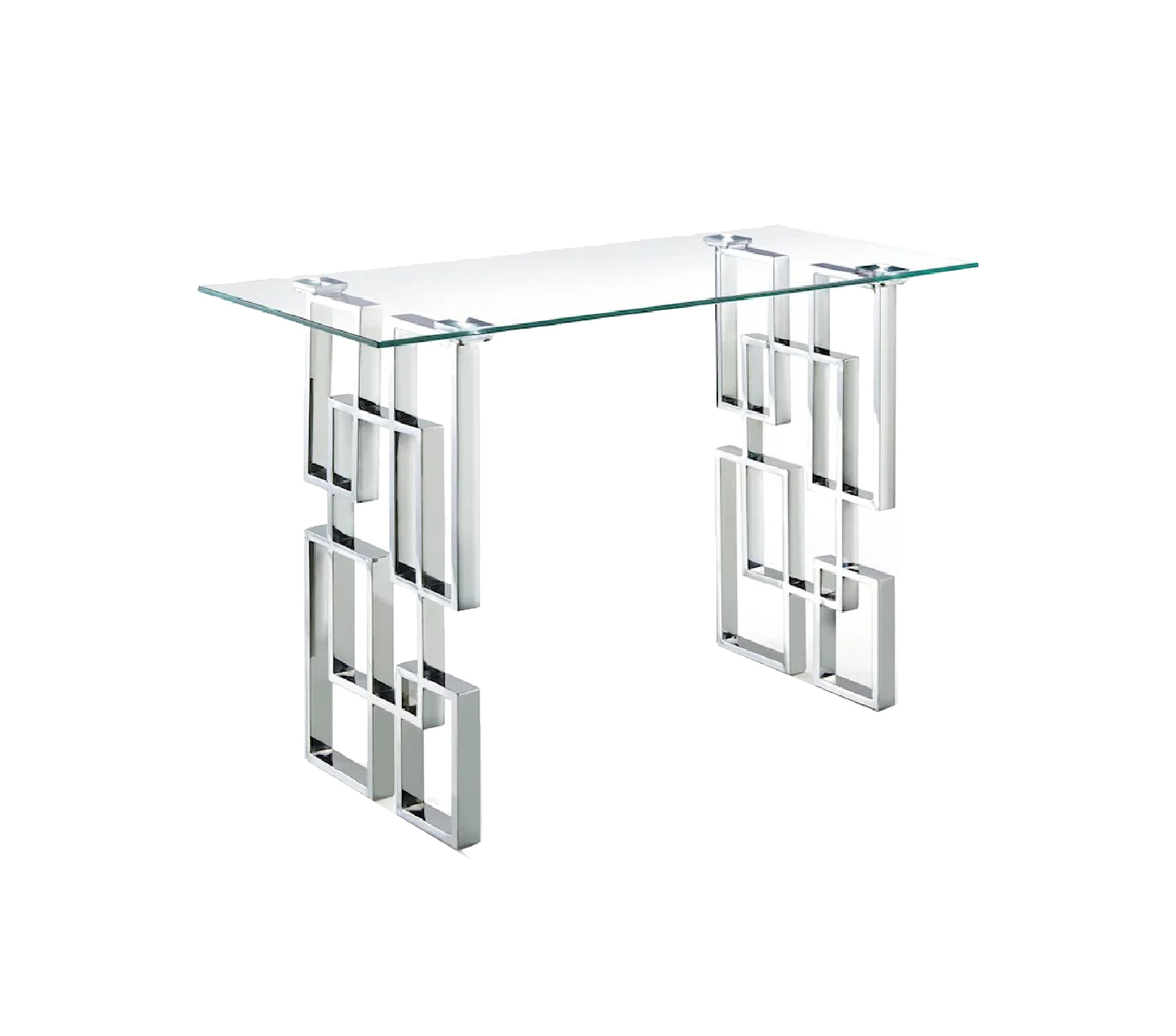 Royale console table with silver frame and clear tempered glass top.