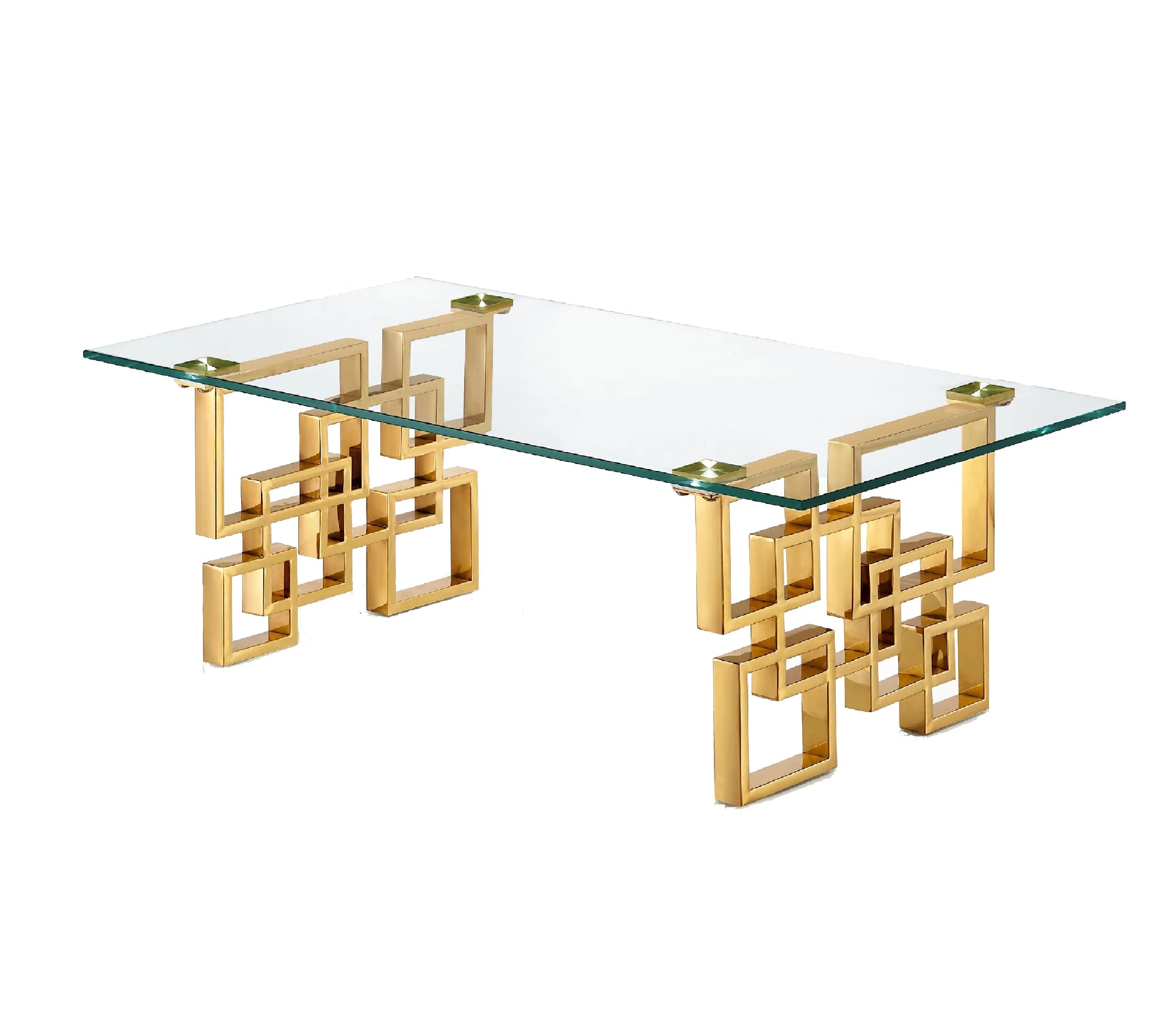 Royale coffee table with polished gold metal frame and clear tempered glass top, modern elegance.