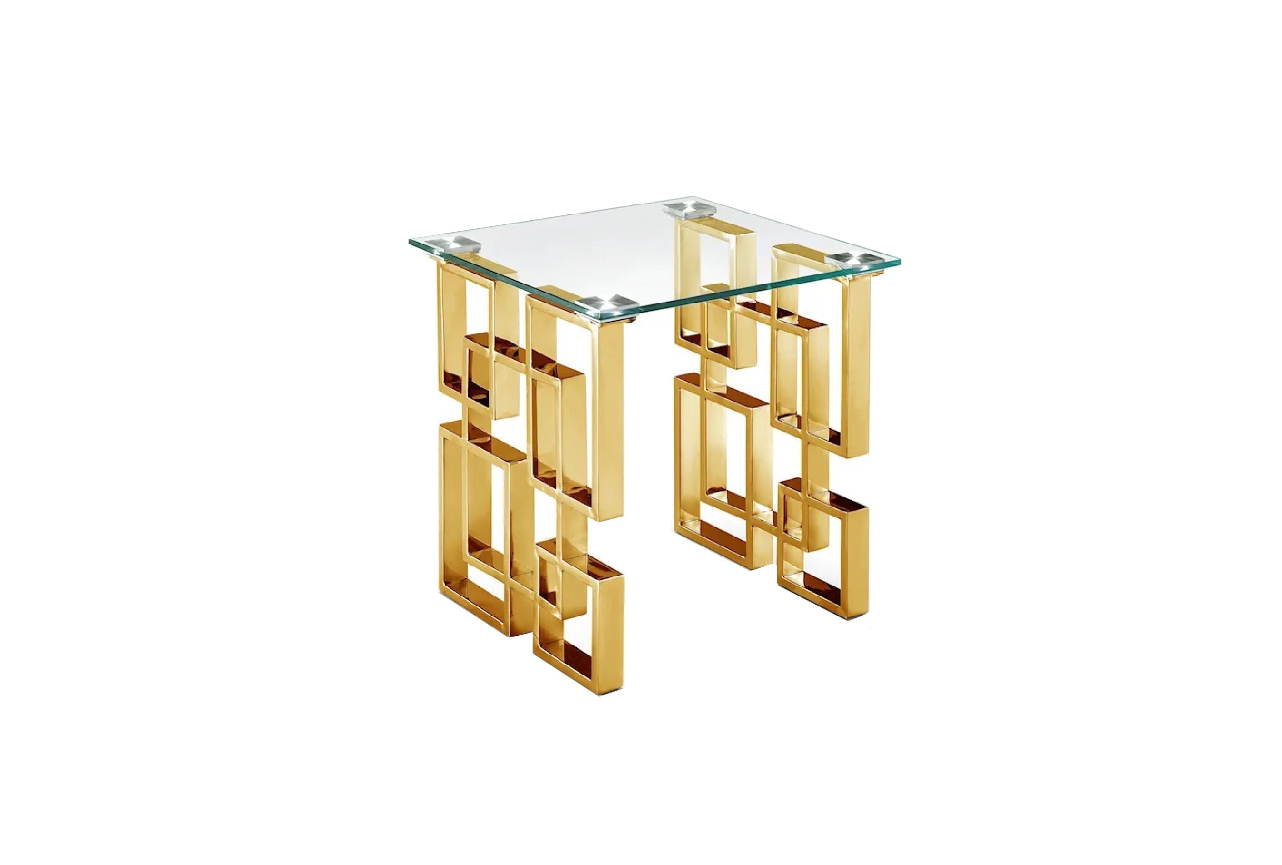 Royale side table with gold polished frame and clear tempered glass top, refined design.