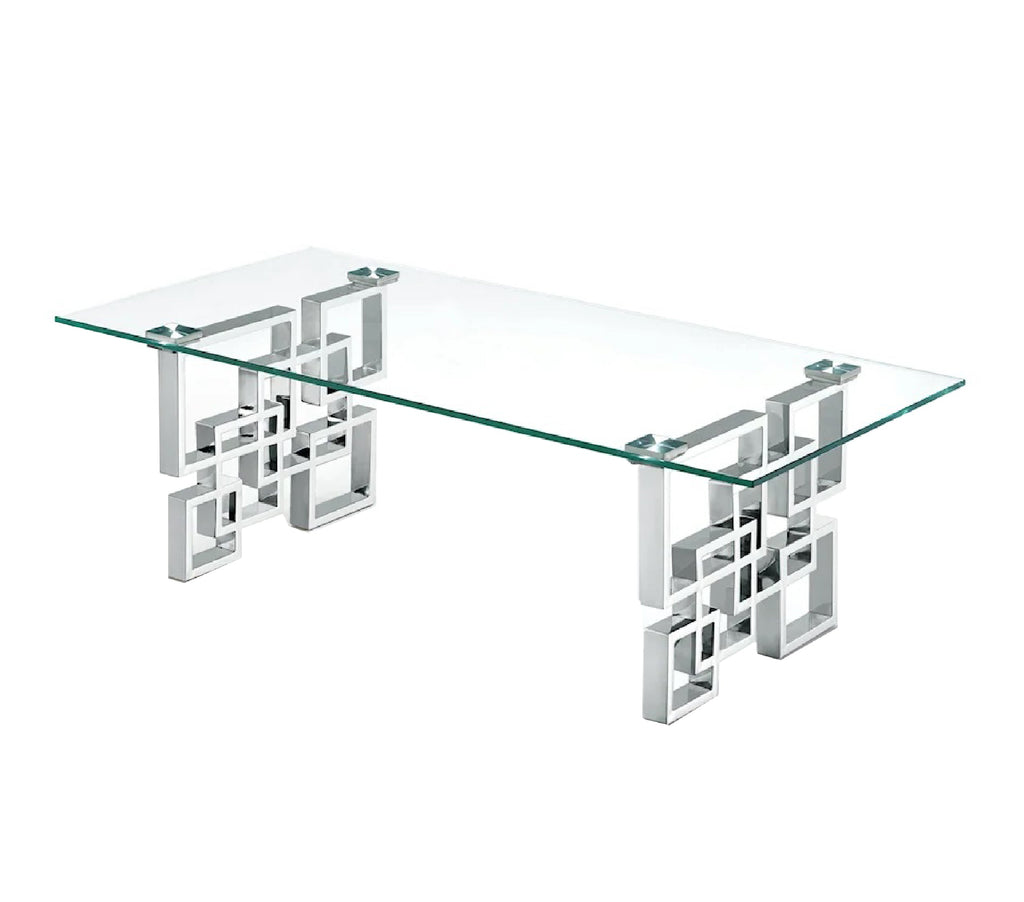 Royale coffee table in polished silver metal frame with clear tempered glass top, contemporary style.