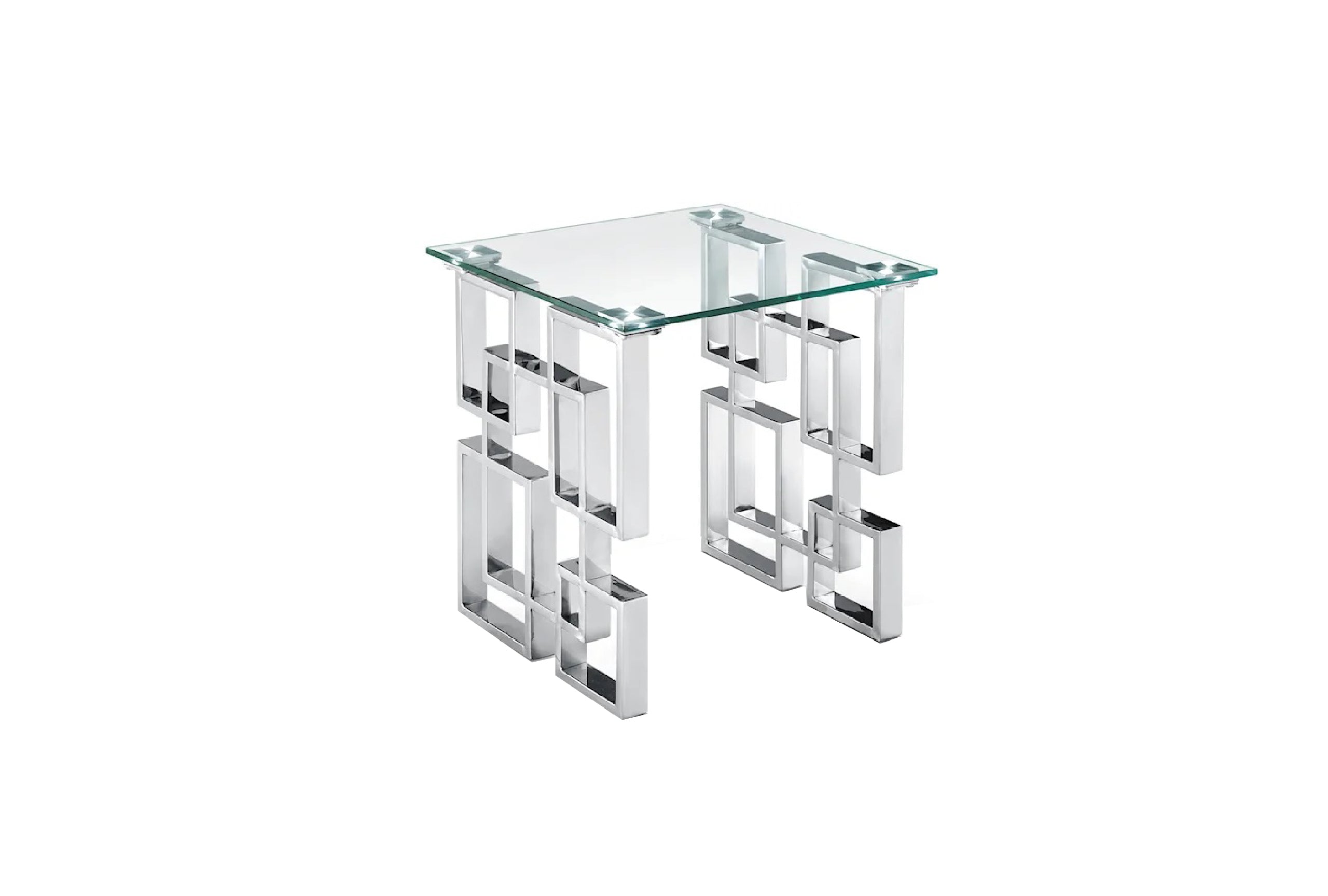 Royale side table with polished silver frame and clear tempered glass top, modern accent.